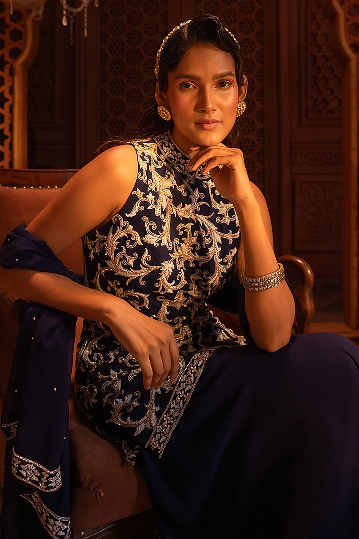 Navy Blue Georgette Wedding Sharara Set by Maisolos at Pernia's Pop Up Shop