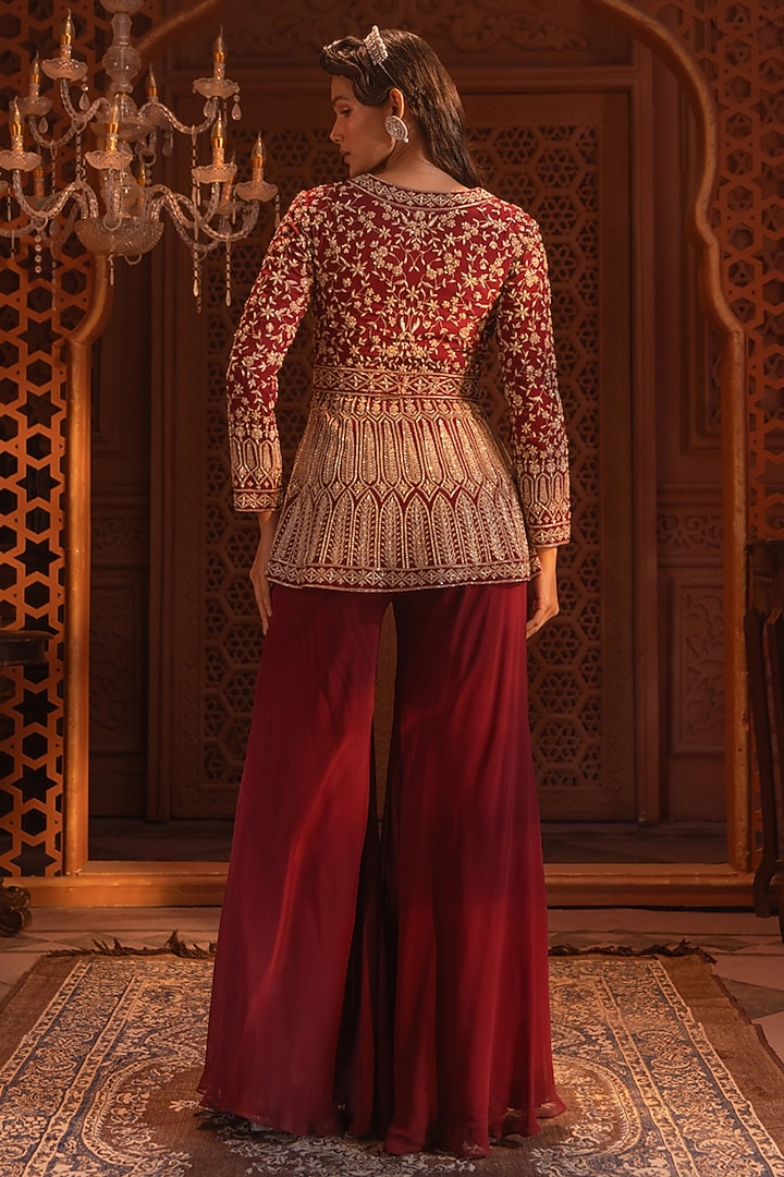 Maroon Georgette Hand & Machine Embroidered Jacket Set by Maisolos at Pernia's Pop Up Shop