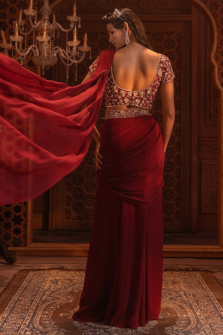 Deep Maroon Georgette Draped Wedding Saree Set by Maisolos at Pernia's Pop Up Shop