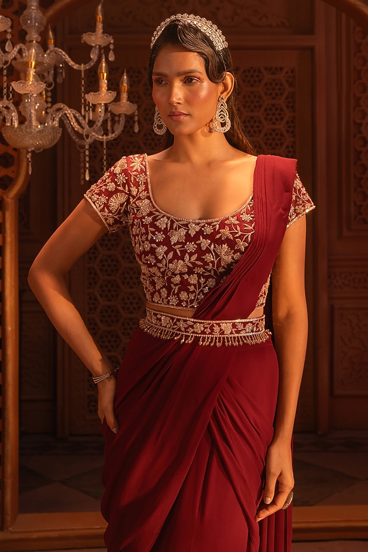 Deep Maroon Georgette Draped Wedding Saree Set by Maisolos at Pernia's Pop Up Shop