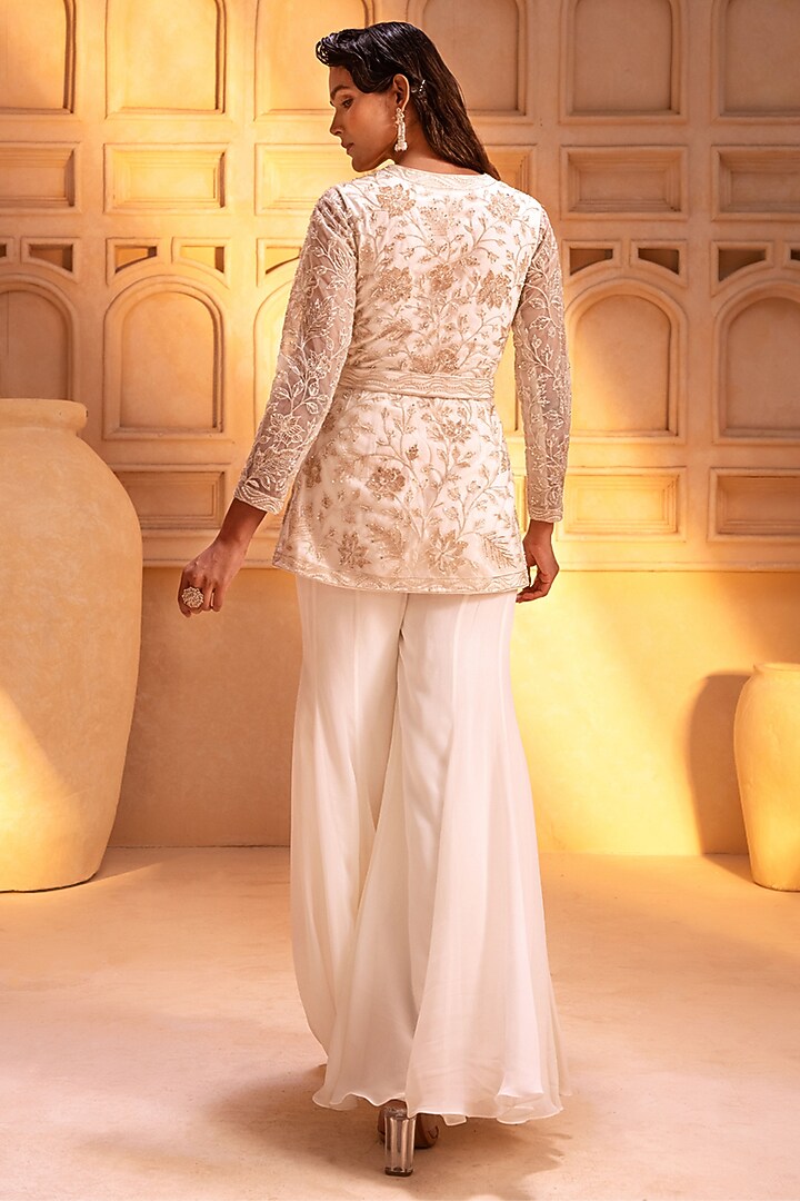 Ivory Net Floral Embroidered Jacket Set by Maisolos at Pernia's Pop Up Shop