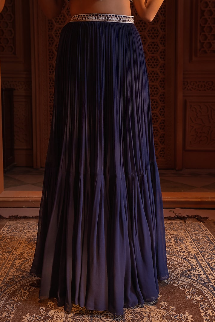 Navy Blue Georgette Gathered Wedding Lehenga Set by Maisolos at Pernia's Pop Up Shop