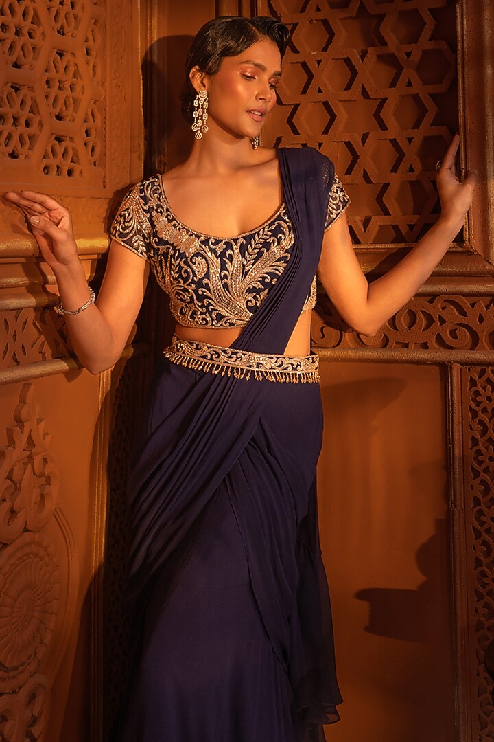 Navy Blue Georgette Draped Wedding Saree Set by Maisolos at Pernia's Pop Up Shop
