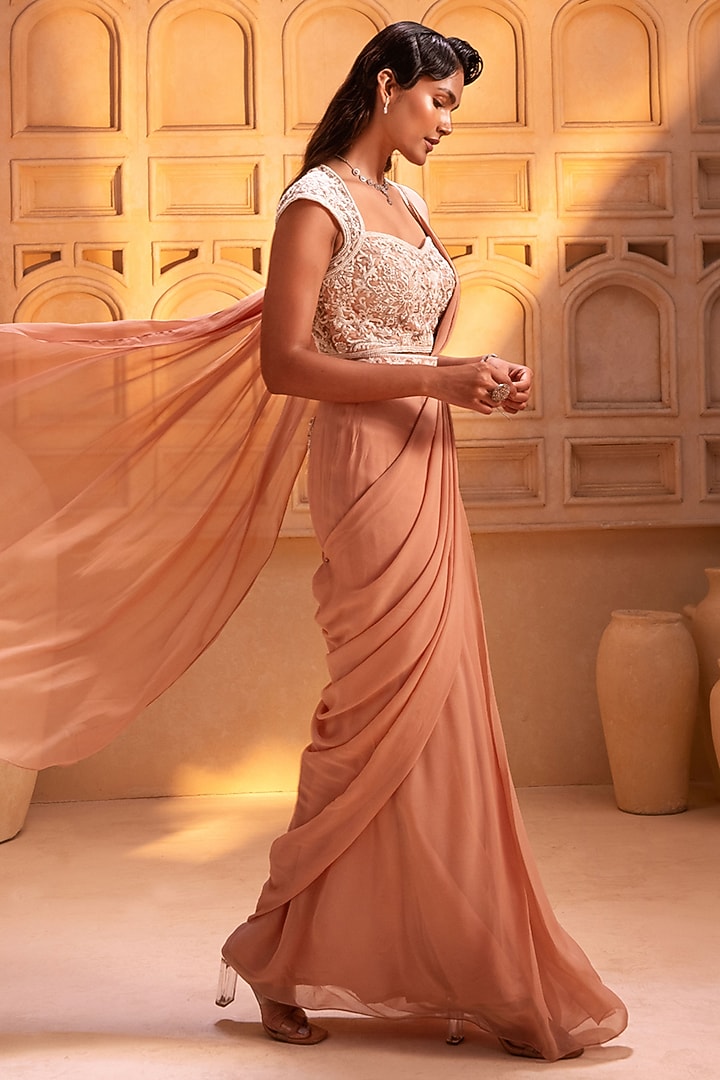 Nude Georgette Pre-Stitched Wedding Saree Set by Maisolos at Pernia's Pop Up Shop