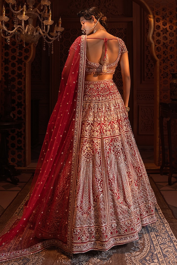 Red Net Hand & Machine Embellished Bridal Lehenga Set by Maisolos at Pernia's Pop Up Shop