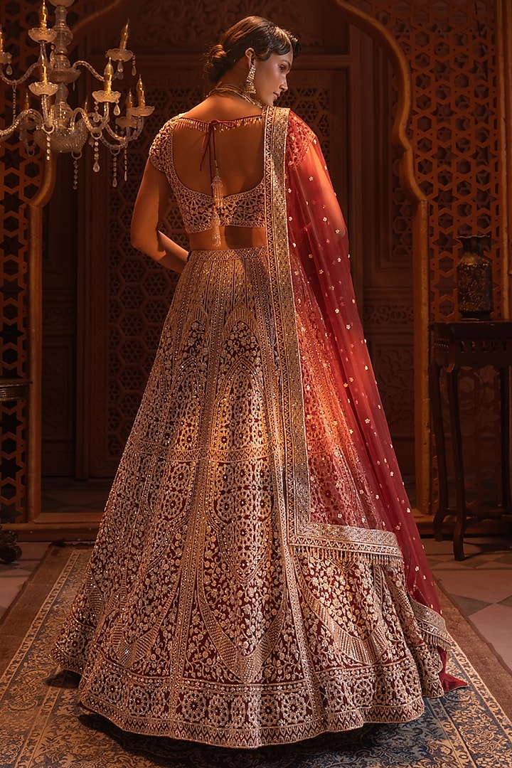 Maroon Net Hand Embroidered Bridal Lehenga Set by Maisolos at Pernia's Pop Up Shop