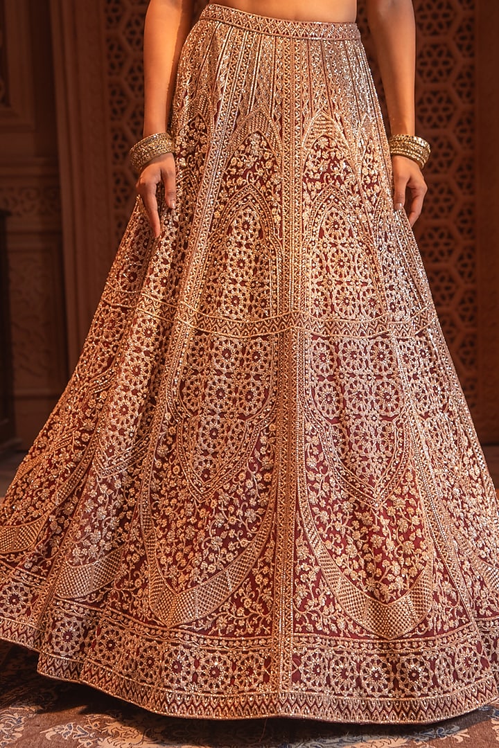 Maroon Net Hand Embroidered Bridal Lehenga Set by Maisolos at Pernia's Pop Up Shop