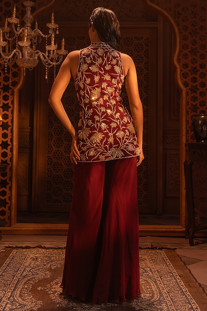 Maroon Net Hand Embroidered Jacket Set by Maisolos at Pernia's Pop Up Shop
