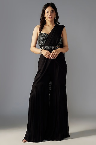 Black Georgette Sharara Saree Set by Maisolos