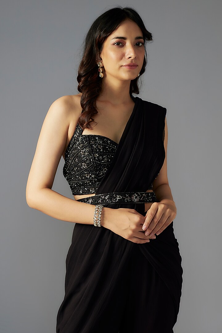 Black Georgette Sharara Wedding Saree Set by Maisolos at Pernia's Pop Up Shop