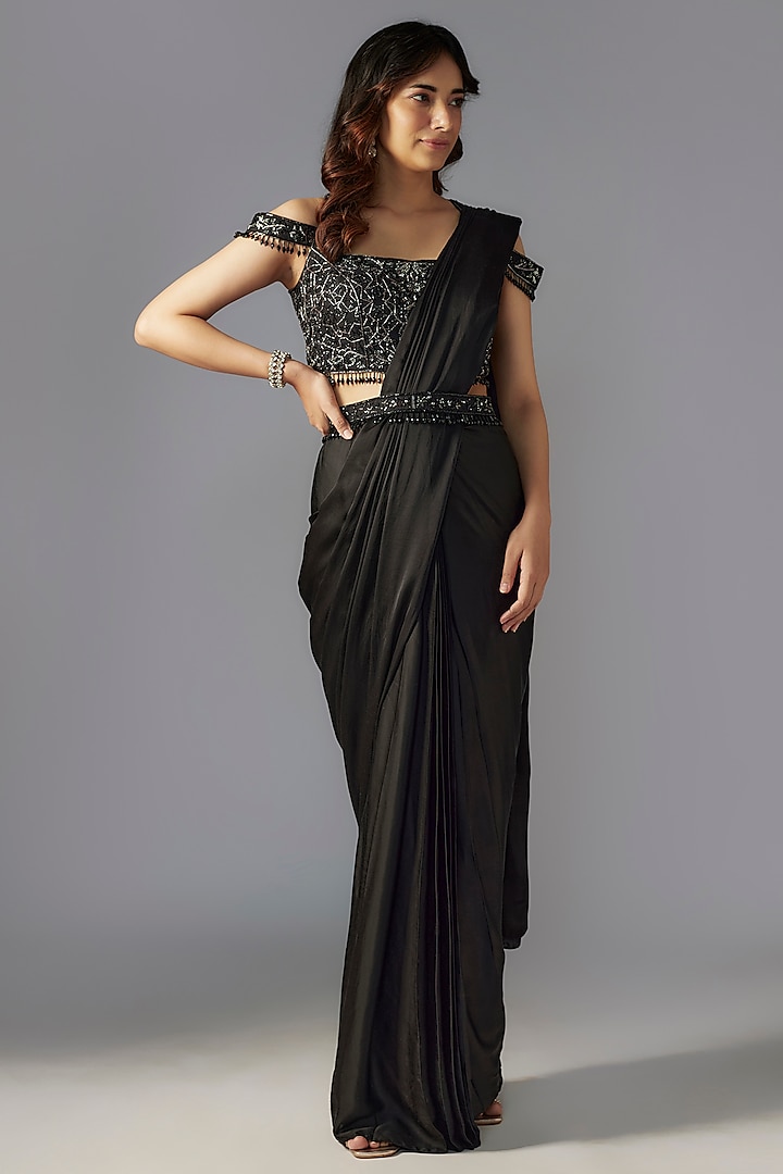 Black Modal Satin Pre-Stitched Saree Set by Maisolos at Pernia's Pop Up Shop