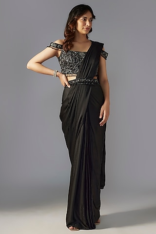 Black Modal Satin Pre-Stitched Saree Set by Maisolos