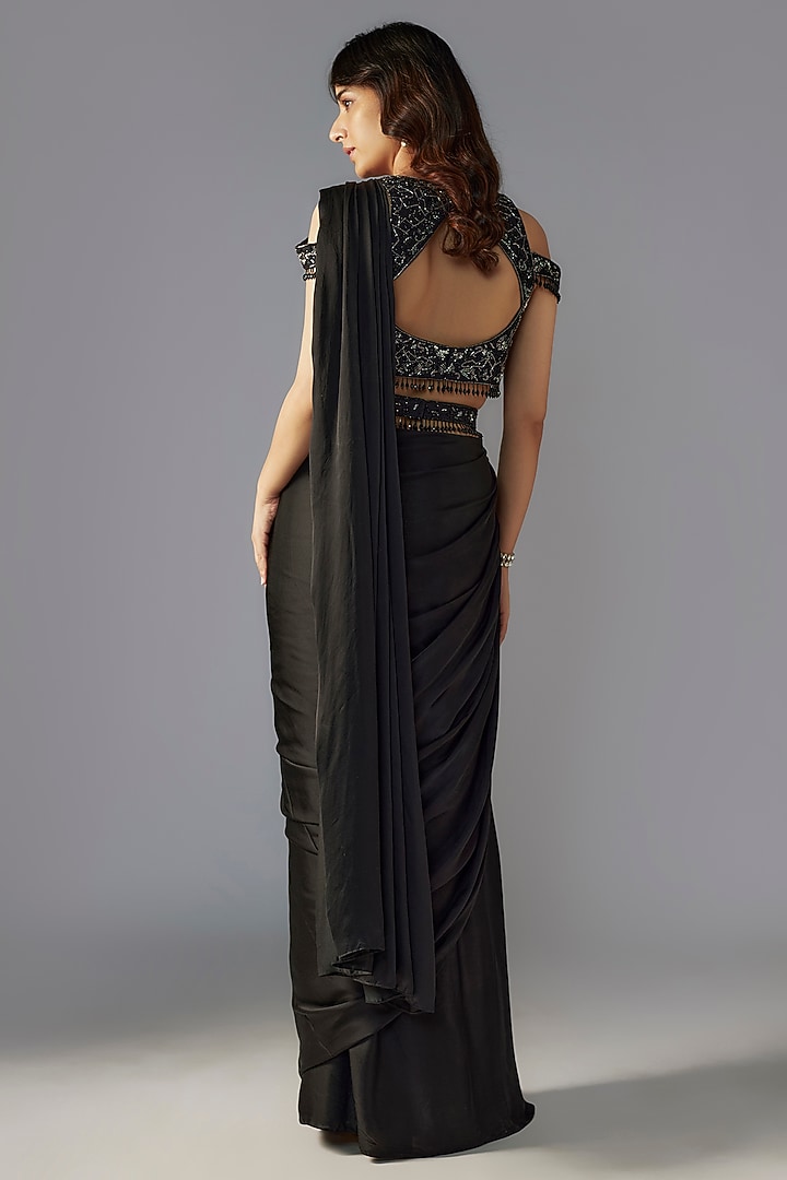Black Modal Satin Pre-Stitched Wedding Saree Set by Maisolos at Pernia's Pop Up Shop