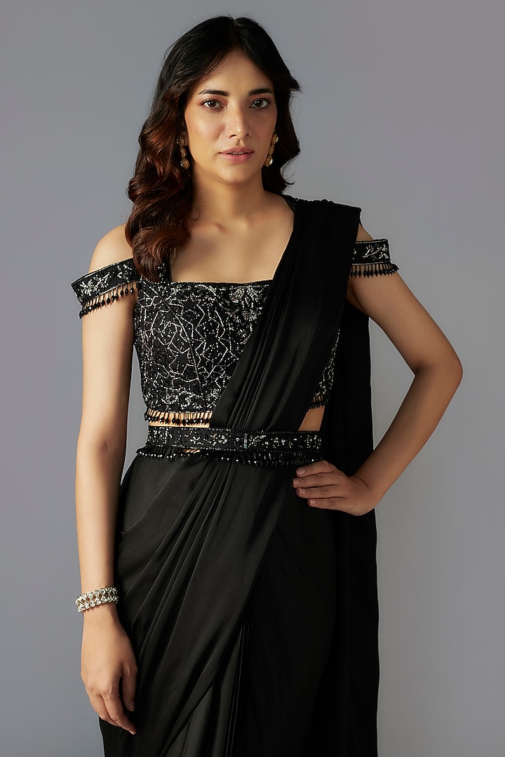 Black Modal Satin Pre-Stitched Wedding Saree Set by Maisolos at Pernia's Pop Up Shop