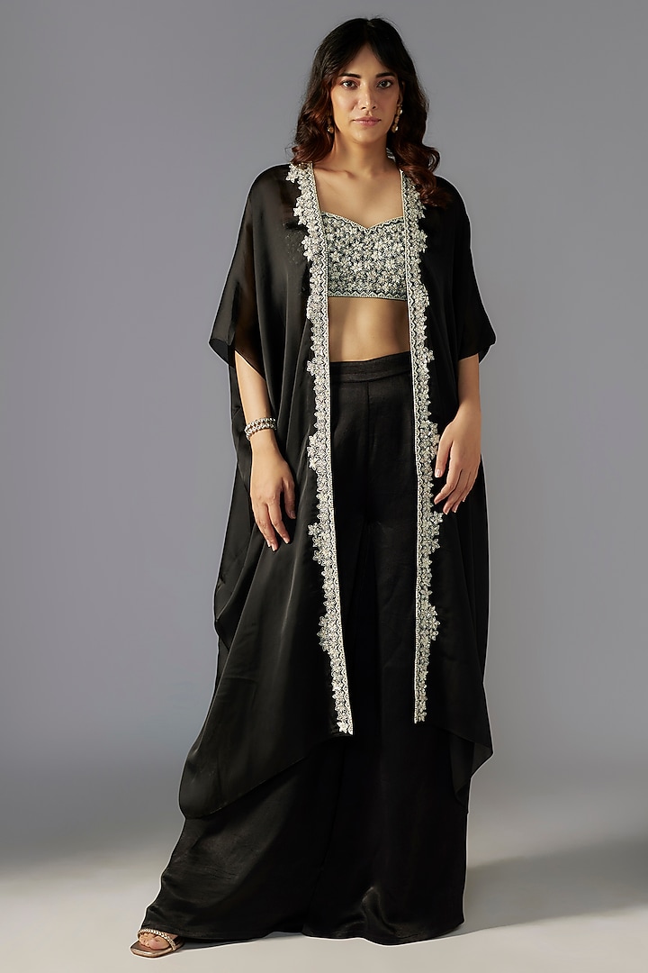 Black Satin Georgette Hand Embroidered Cape Set by Maisolos at Pernia's Pop Up Shop