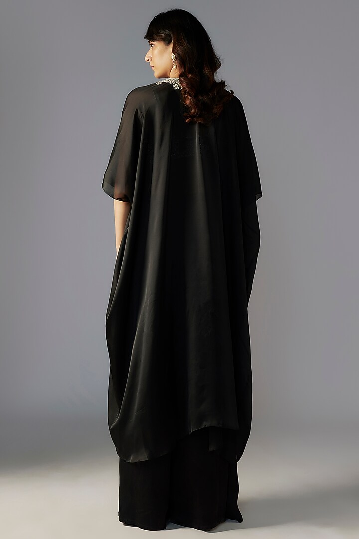 Black Satin Georgette Hand Embroidered Cape Set by Maisolos at Pernia's Pop Up Shop