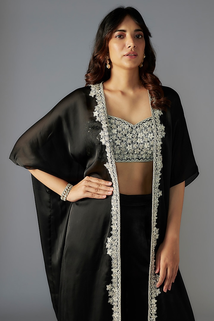 Black Satin Georgette Hand Embroidered Cape Set by Maisolos at Pernia's Pop Up Shop