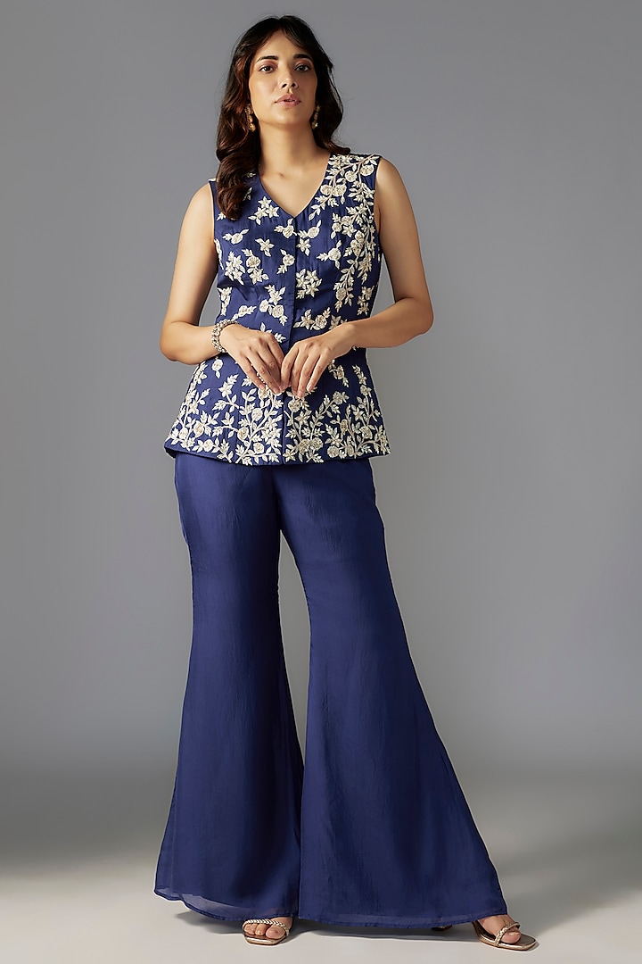 Navy Blue Flat Chiffon Sharara Set by Maisolos at Pernia's Pop Up Shop