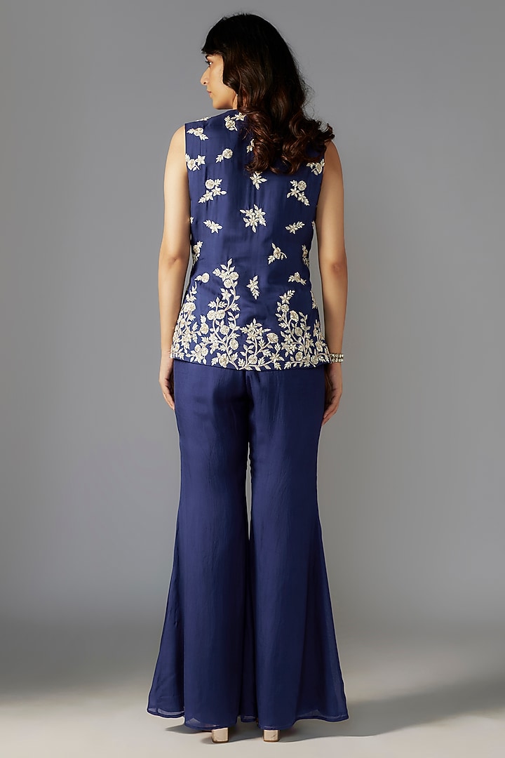Navy Blue Flat Chiffon Wedding Sharara Set by Maisolos at Pernia's Pop Up Shop