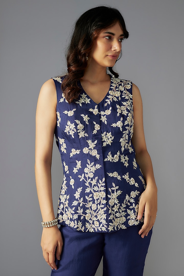 Navy Blue Flat Chiffon Wedding Sharara Set by Maisolos at Pernia's Pop Up Shop