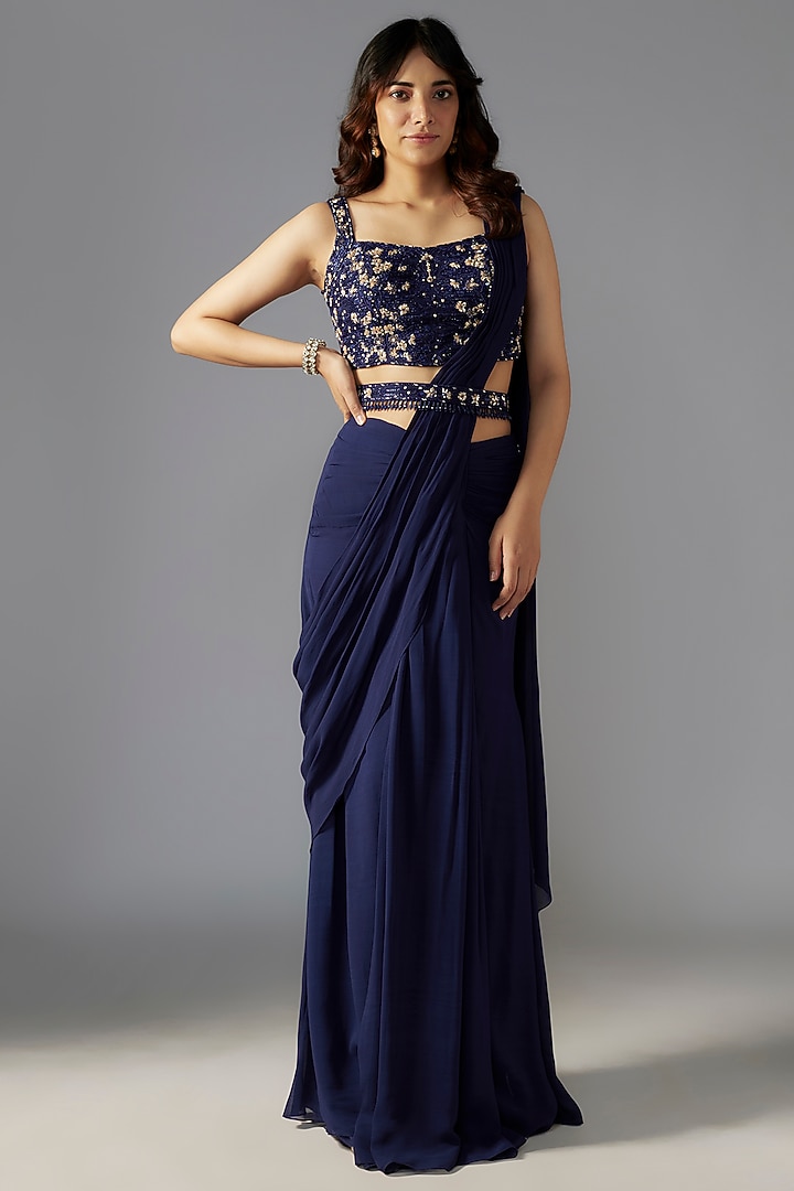 Navy Blue Georgette Draped Wedding Saree Set by Maisolos at Pernia's Pop Up Shop