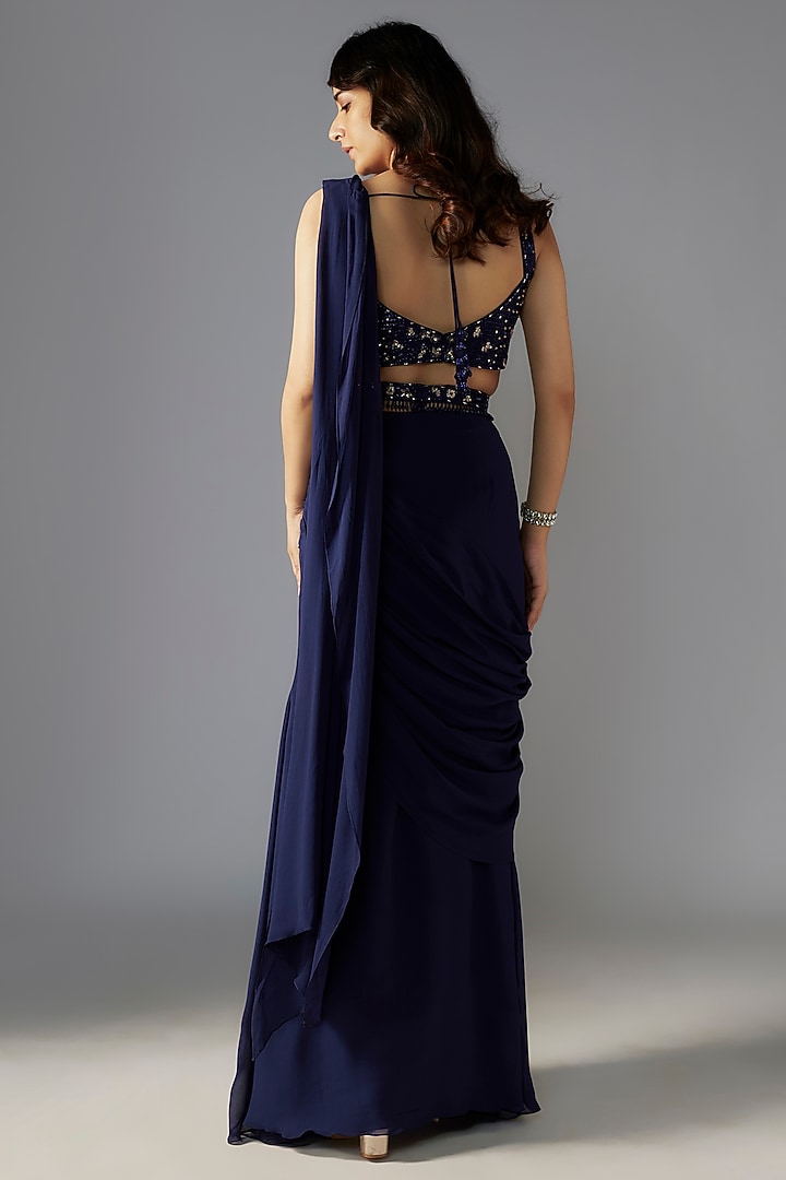 Navy Blue Georgette Draped Wedding Saree Set by Maisolos at Pernia's Pop Up Shop
