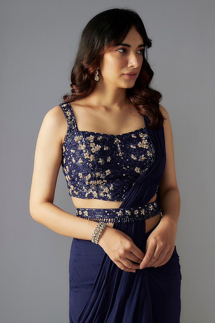 Navy Blue Georgette Draped Wedding Saree Set by Maisolos at Pernia's Pop Up Shop