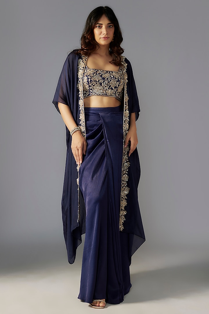 Navy Blue Modal Satin Draped Skirt Set by Maisolos at Pernia's Pop Up Shop