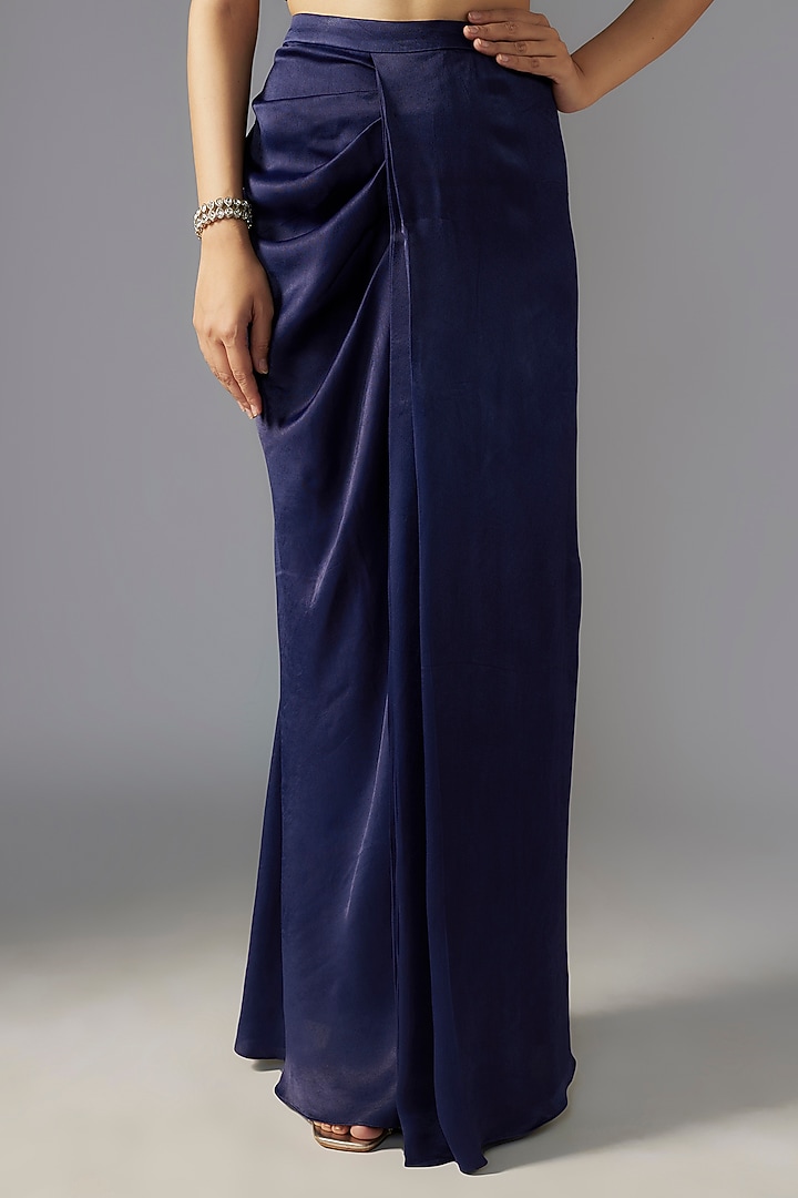 Navy Blue Modal Satin Draped Skirt Set by Maisolos at Pernia's Pop Up Shop