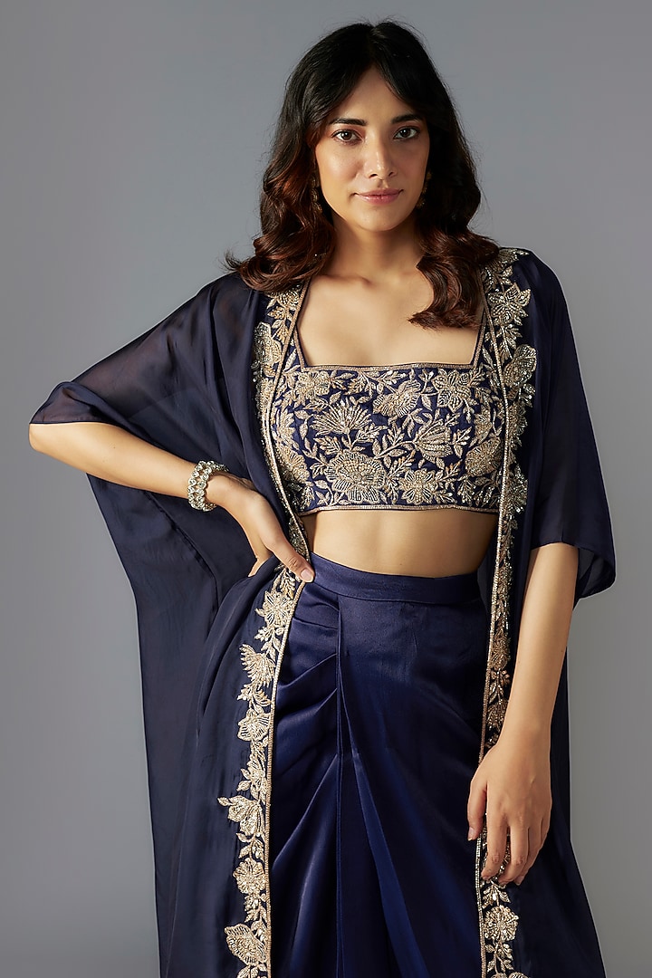 Navy Blue Modal Satin Draped Skirt Set by Maisolos at Pernia's Pop Up Shop
