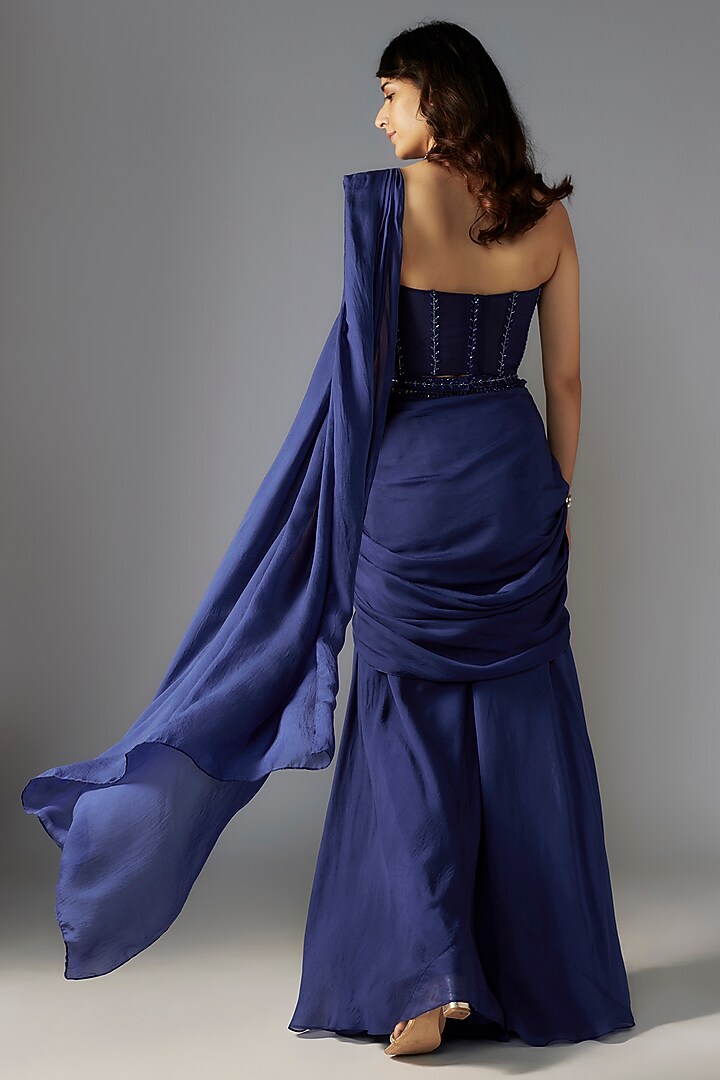 Navy Blue Flat Chiffon Sharara Wedding Saree Set by Maisolos at Pernia's Pop Up Shop