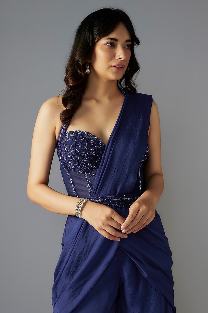 Navy Blue Flat Chiffon Sharara Wedding Saree Set by Maisolos at Pernia's Pop Up Shop