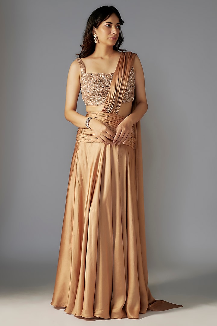 Gold Modal Satin Draped Saree Set by Maisolos at Pernia's Pop Up Shop