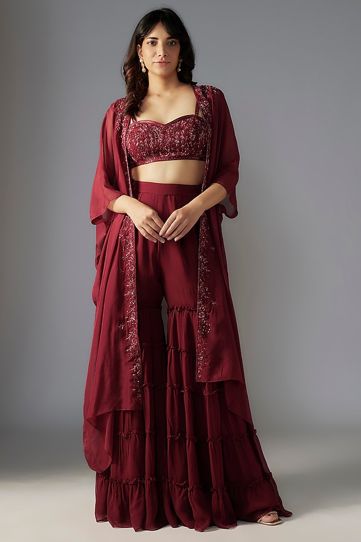 Maroon Georgette Tiered Sharara Set by Maisolos at Pernia's Pop Up Shop