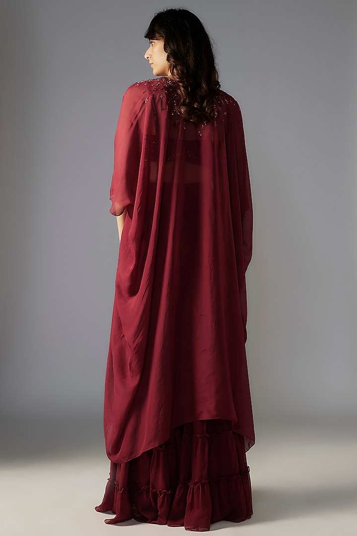 Maroon Georgette Tiered Wedding Sharara Set by Maisolos at Pernia's Pop Up Shop