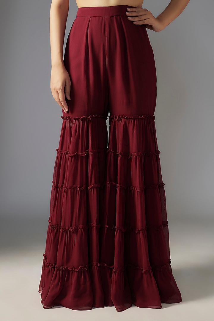 Maroon Georgette Tiered Wedding Sharara Set by Maisolos at Pernia's Pop Up Shop