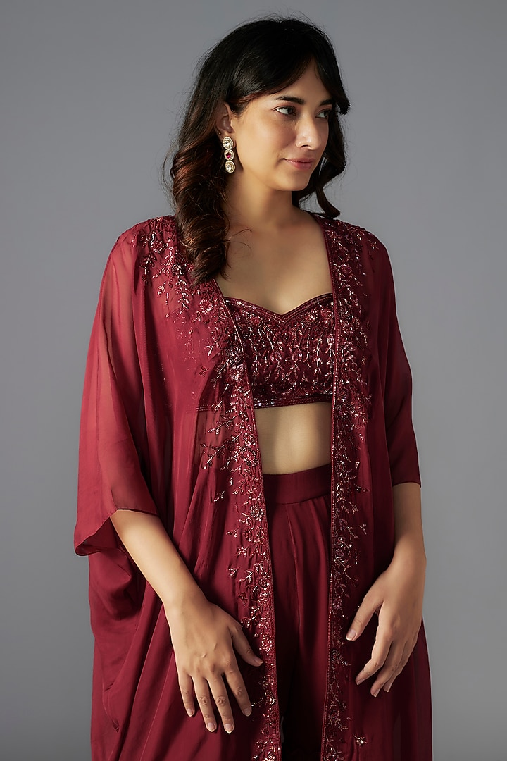 Maroon Georgette Tiered Wedding Sharara Set by Maisolos at Pernia's Pop Up Shop