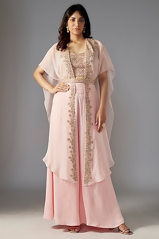 Pink Crepe Satin Sharara Set by Maisolos
