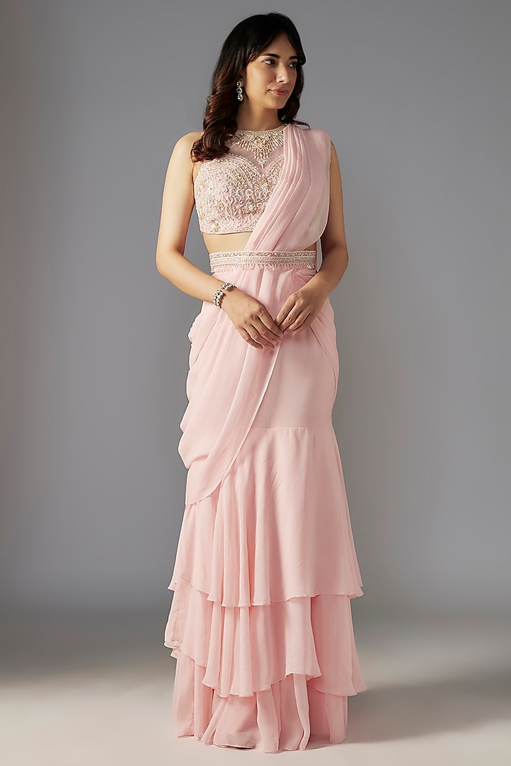 Pink Georgette Draped Saree Set by Maisolos