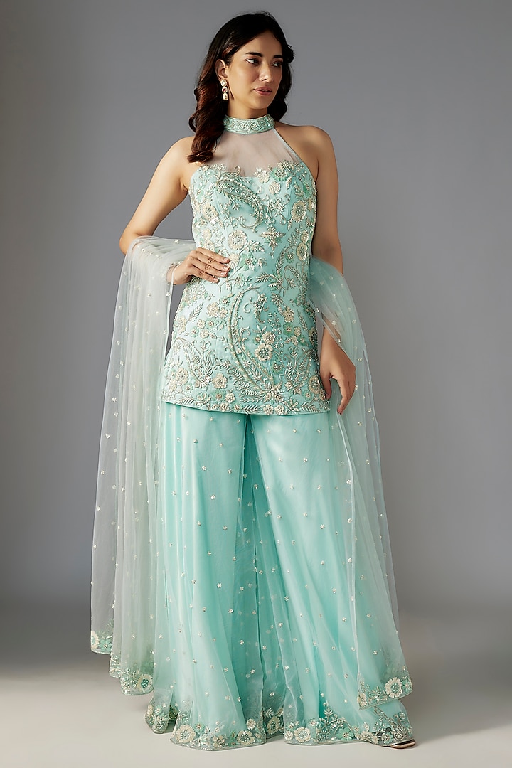 Powder Blue Georgette Sharara Set by Maisolos