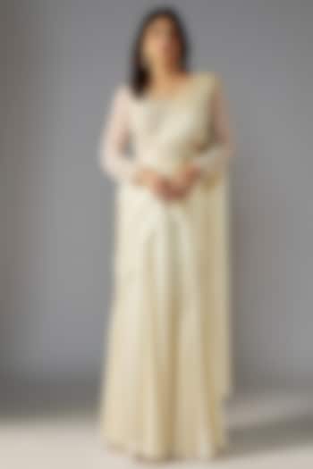 Ivory Georgette Draped Wedding Saree Set by Maisolos at Pernia's Pop Up Shop
