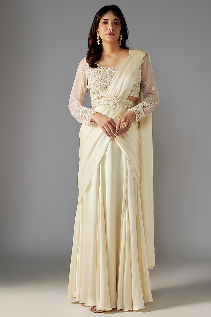 Ivory Georgette Draped Wedding Saree Set by Maisolos at Pernia's Pop Up Shop