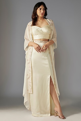 Ivory Modal Satin Skirt Set by Maisolos