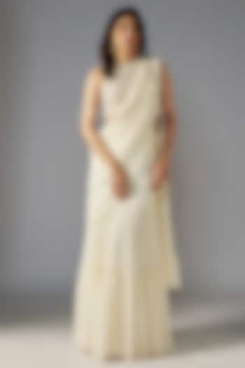 Ivory Georgette Draped Wedding Saree Set by Maisolos at Pernia's Pop Up Shop
