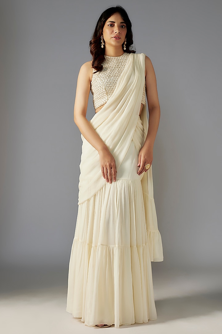 Ivory Georgette Draped Wedding Saree Set by Maisolos at Pernia's Pop Up Shop