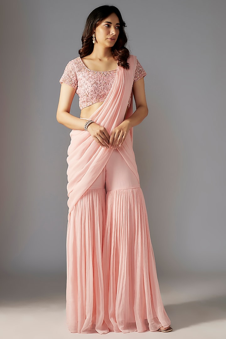 Pink Georgette Sharara Wedding Saree Set by Maisolos at Pernia's Pop Up Shop