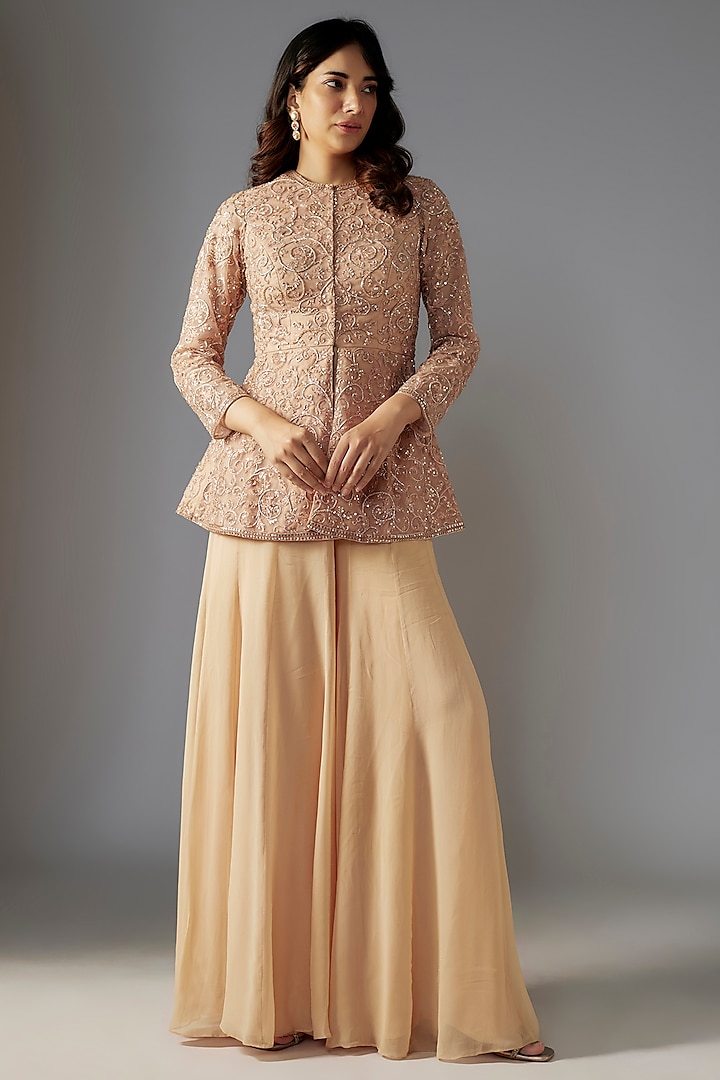 Nude Georgette Flared Sharara Set by Maisolos at Pernia's Pop Up Shop