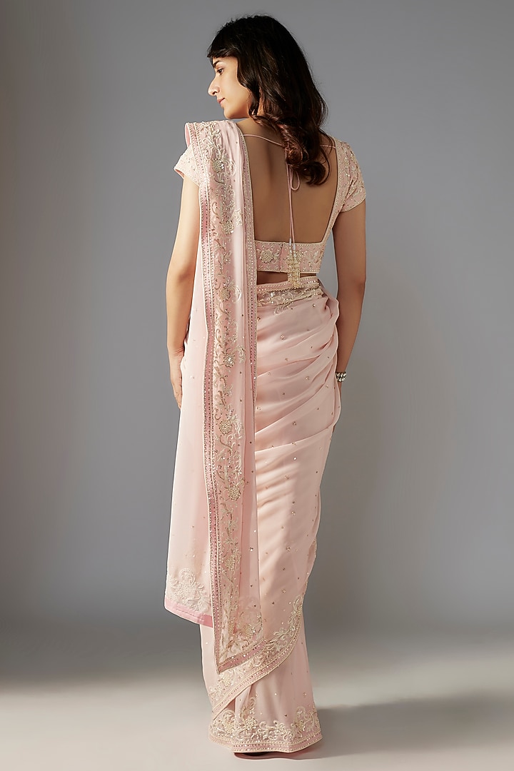 Pink Georgette Hand Embroidered Reception Saree Set by Maisolos at Pernia's Pop Up Shop