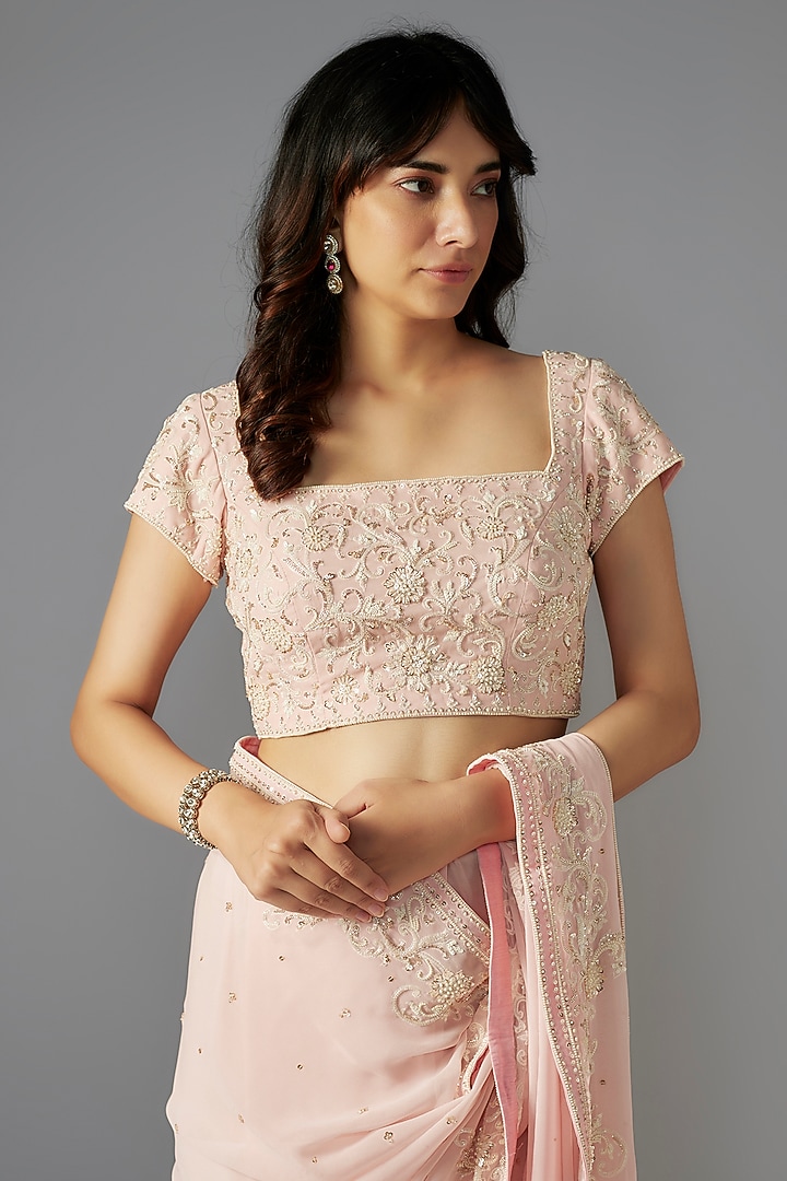 Pink Georgette Hand Embroidered Reception Saree Set by Maisolos at Pernia's Pop Up Shop