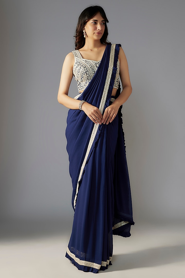 Navy Blue Georgette Hand Embroidered Pre-Stitched Saree Set by Maisolos at Pernia's Pop Up Shop